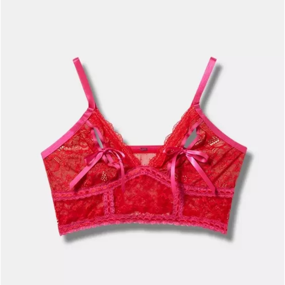Lace Bralette with Ribbon Detail - Red